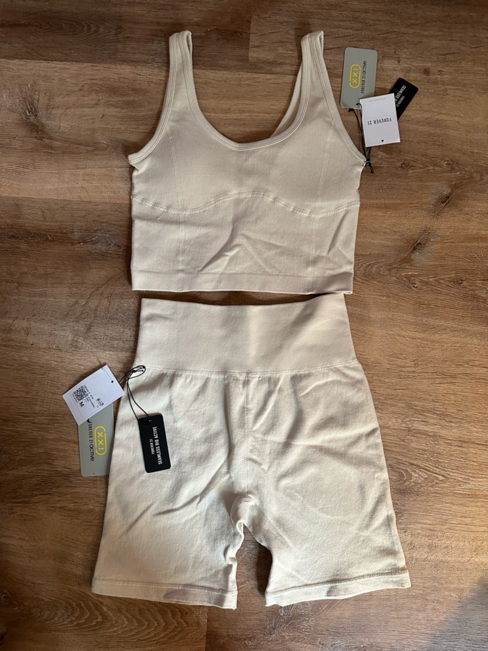 Forever 21 Cream Ribbed Seamless Crop Tank & High-Waist Bike Shorts Set